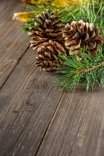 Pine Cone Green Branch Wooden Table Snow Copy Space Text — Stock Photo, Image