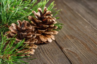 Çam kozalağı ve yeşil dal, ahşap masa üzerinde kar, mesaj için kopyalama alanı. Noel kartı. Ahşap arka planda çam kozalakları.