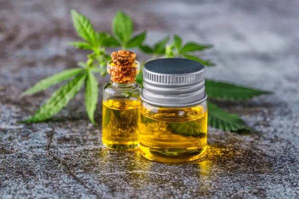 Zöld Levelek Orvosi Kannabisz Kivonat Olaj Orvosi Marihuána Virág Bimbók — Stock Fotó