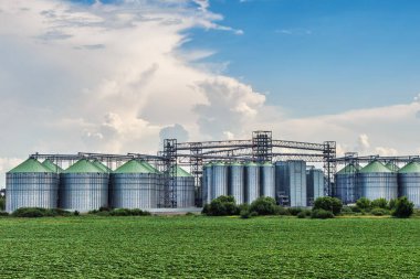 Tarım Siloları. Tahıl depolama ve kurutma tahıl, buğday, mısır, soya, ayçiçeği beyaz bulutlu mavi gökyüzüne karşı. Ekin depolama