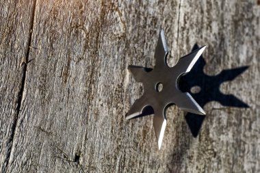 Shuriken (fırlatan yıldız), geleneksel Japon Ninja soğuk silahı tahta arka planda sıkışmış, gümüş shuriken yıldız şeklinde. Samuray, silah fırlatıyor.