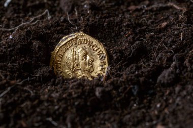Roma altın ve gümüşü hazinesi. Trajan Decius. MS 249-251. AV Aureus. Roma İmparatorluğu 'nun eski sikkesi. Otantik gümüş denarius, antoninianus, antik Roma' nın aureus 'u..