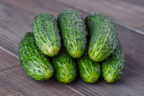 Cucumber Brown Wood Texture Background Cucumbers Harvest Summer Cucumbers Salads — Fotografia de Stock