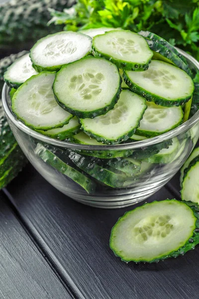 Pepino Fundo Textura Madeira Escura Colheita Pepinos Verão Pepinos Saladas — Fotografia de Stock