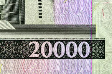 Uganda 20.000 Şilin 2005 Banknotları.Crested Crane, Victoria Gölü dalgaları, geleneksel bir davul, Ugandan Kob thomasi (Kobus kob thomasi), .Bonistics.Tasarım amaçlı Bonistics.Parça banknotu.