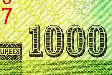 Sri Lanka 1000 Rupi 2010 Banknotları. Sri Lanka Asılı Papağanı (Loriculus beryllinus). Malpadaya dansçısı ve Dawul Bera davulcusu, koruyucu tanrılarla birlikte bekçi taşı. Bonistik.