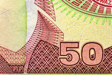 Svaziland 50 Emalangeni 2001.King Mswati Banknotes 'den 3. Kral Mswati Portresi. Arms, Building.Bonistic. Dünya para koleksiyonu. Tasarım amaçlı banknot.. 