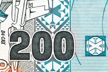 200 escudos Cabo Verde 2005.Tekne Ernestine, giysi süsü. Arkasında Amilcar Cabral Uluslararası Havalimanı, bir mısır koçanı. Bonistic. Dünya para koleksiyonu..