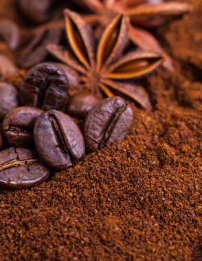 Close-up of coffee beans on pile of roasted coffee. Coffee beans clipart