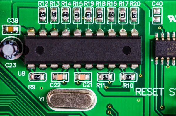 Close up of a printed green computer circuit board — Stock Photo, Image