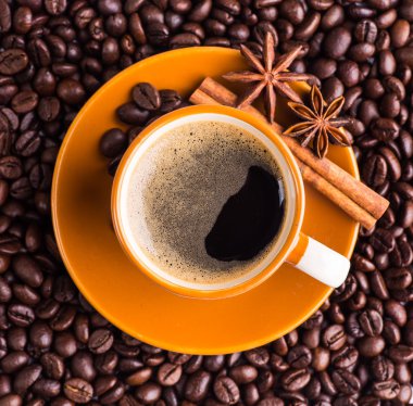 Kahve fincanı ve kahve çekirdeği.