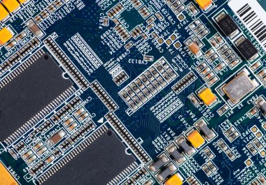 Bilgisayar anakartının mavi devre kartı arka planı