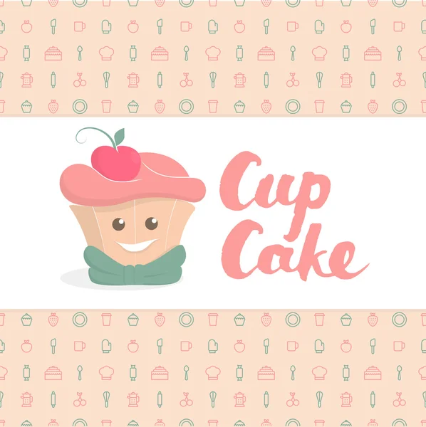 Cup cake cute vector illustration with bakery pattern on backdrop and hand drawn lettering cup cake. — Stock Vector