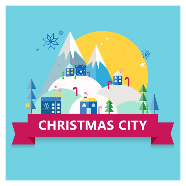 Christmas city postcard with mountain based on blue background — Stock Vector