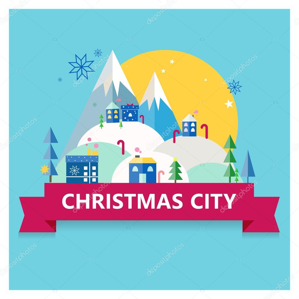 Christmas city postcard with mountain based on blue background — Stock Vector