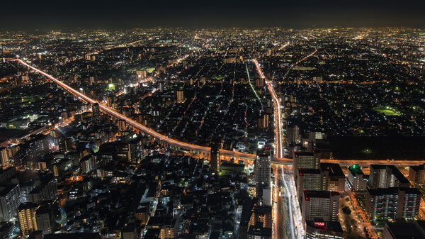 Cityscape night view of Osaka, The second largest city in Japan