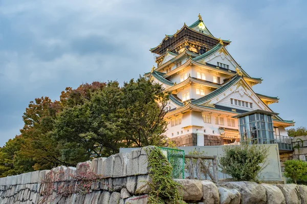 Osaka hrad v zatažené obloze před deště padají — Stock fotografie