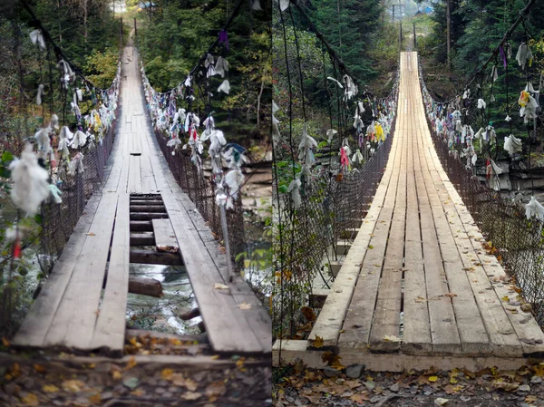 Emergency Wooden Suspension Bridge Cables Alps Old Rotten Planks Logs — 스톡 사진