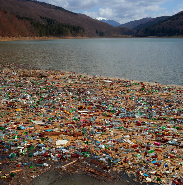 乌克兰外喀尔巴阡的环境灾难 山村居民将塑料垃圾直接排入河流 然后排入水库 倾倒在河岸上 低生态 — 图库照片