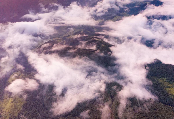 晨雾笼罩在喀尔巴阡山脉上空 无人机在高空的Chornohora山脊上空的雨后飞越了山峰 美丽的阳光照亮了全景 — 图库照片