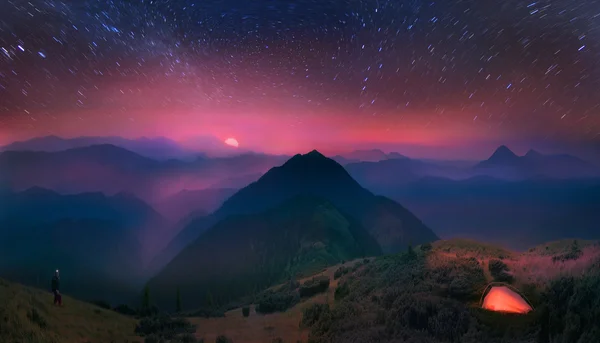 Carpathians, the moon and stars on the background — Stock Photo, Image