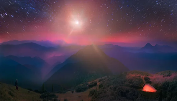 Carpathians, the moon and stars on the background — Stock Photo, Image
