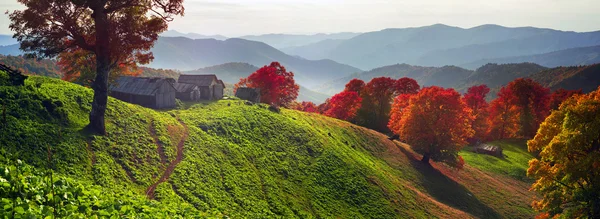 Herbst auf der Weide mit Hirtenhäusern — Stockfoto