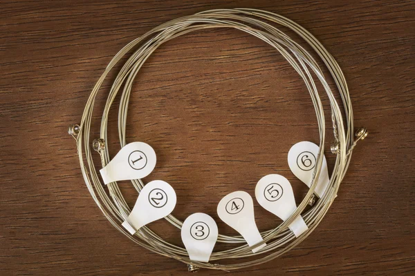 Guitar strings on wood background