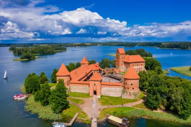 Aerial view of Trakai, over medieval gothic Island castle in Galve lake. Flat lay of the most beautiful Lithuanian landmark. Trakai Island Castle, most popular tourist destination in Lithuania clipart