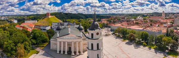 Aerial panoramic view of The Cathedral Square, main square of Vilnius Old Town, a key location in city`s public life, situated as it is at the crossing of the city`s main streets, Vilnius, Lithuania
