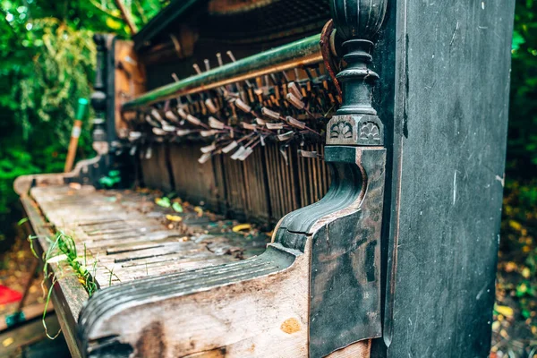 Piano Gran Abandonné Recouvert Herbe Piano Délabré Bord Une Rivière — Photo