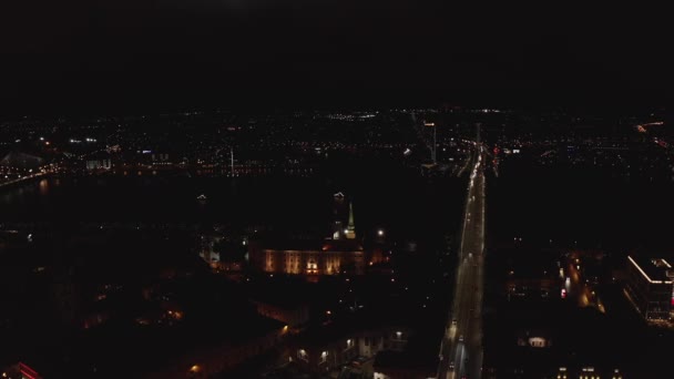 Flying Overnight City Riga Latvia Beautiful Night Town — Stock Video