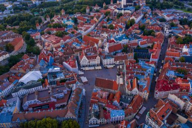 Kuzey Avrupa 'nın Baltık bölgesinde bir sonbahar günü erken saatlerde Tallinn Estonya' nın ortaçağ duvarlı şehrine bakan gün batımı hava manzarası.