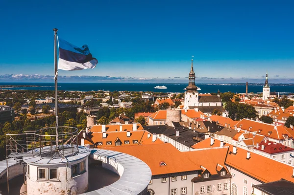 Эстонский Флаг Башне Высокого Германа Старом Городе Таллинна Эстония — стоковое фото