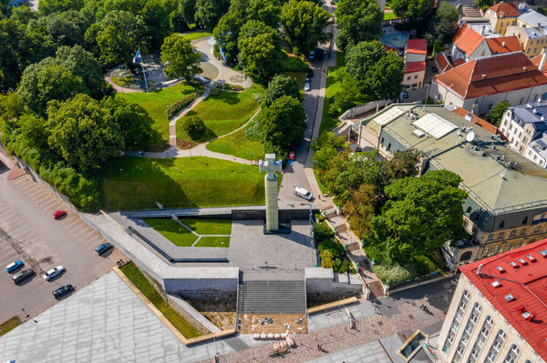 Aerial view of the Cross of Liberty in the center for Tallinn. Freedom square in Tallinn.