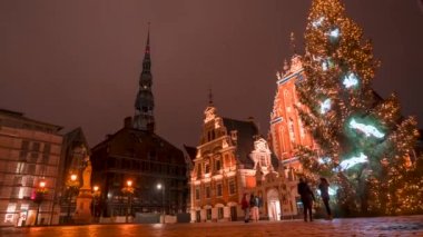 Noel ağacı, Noel Pazarı ve Katedral Meydanı 'ndaki Aziz Mary Katedrali, Doma laukums, Riga, Letonya.