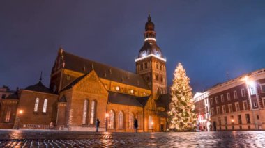 Noel ağacı, Noel Pazarı ve Katedral Meydanı 'ndaki Aziz Mary Katedrali, Doma laukums, Riga, Letonya.