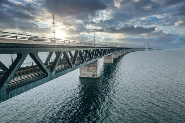 Bron Mellan Danmark Och Sverige Öresundsbron Flygfoto Över Bron Molnigt — Stockfoto