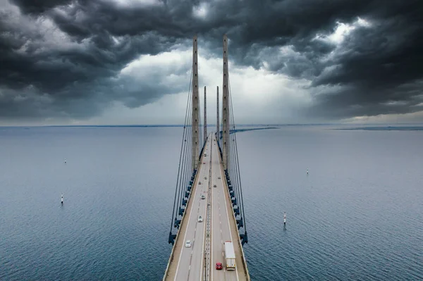 Bridge Denmark Sweden Oresundsbron Aerial View Bridge Cloudy Stormy Weather — Stock Photo, Image