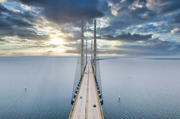 Ponte Entre Dinamarca Suécia Oresundsbron Vista Aérea Ponte Durante Tempo — Fotografia de Stock