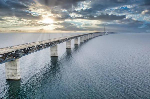 Bridge Denmark Sweden Oresundsbron Aerial View Bridge Cloudy Stormy Weather — Stock Photo, Image