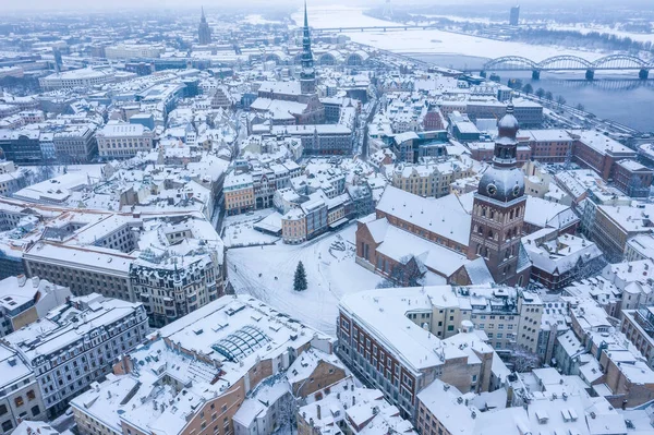 Vue Aérienne Hiver Riga Vieille Ville Couverte Neige Dômes Vue — Photo