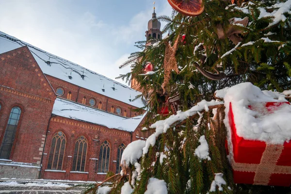 Riga Letónia Árvore Natal Praça Cúpula Com Catedral Cúpula Riga — Fotografia de Stock