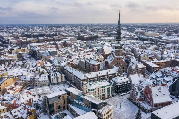 Riga Lettland Baltikum Flygfoto Från Flygande Drönare Panorama Till Peterskyrkan — Stockfoto