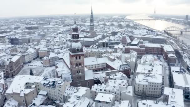 Légi Kilátás Rigai Óvárosi Városképre Télen Híres Légi Látvány Turista — Stock videók