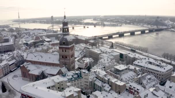 Légi Kilátás Rigai Óvárosi Városképre Télen Híres Légi Látvány Turista — Stock videók