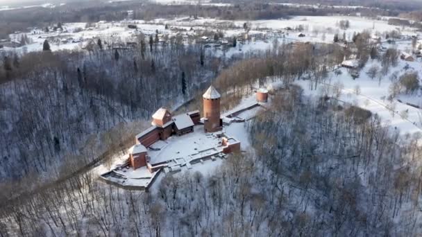 Воздушный Зимний Вид Средневековый Замок Вершине Холма Посреди Леса История — стоковое видео