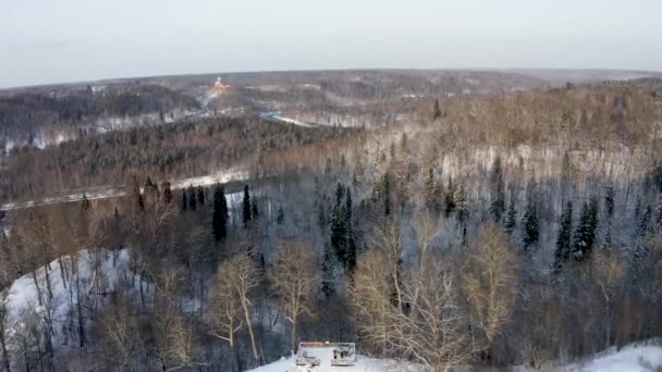 森の真ん中の丘の上に中世の城の空中冬景色 ヨーロッパ史 — ストック動画