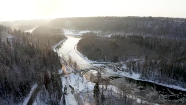 Brug Winter Rivier Het Midden Van Het Bos Luchtzicht — Stockvideo