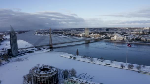 Bela Vista Panorâmica Inverno Riga Vista Aérea Distrito Pardaugava Capital — Vídeo de Stock